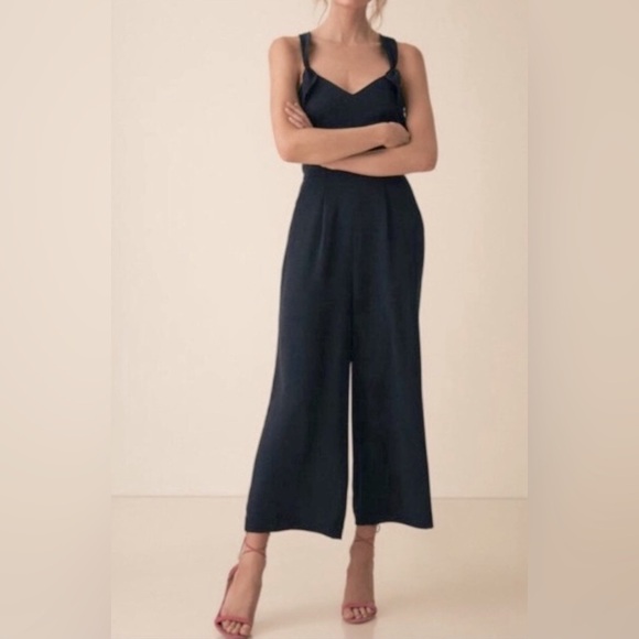 Reiss Amika Crepe Wide Leg Ruffle Sleeveless Cutout Jumpsuit Navy Blue Size 6 - Picture 1 of 10